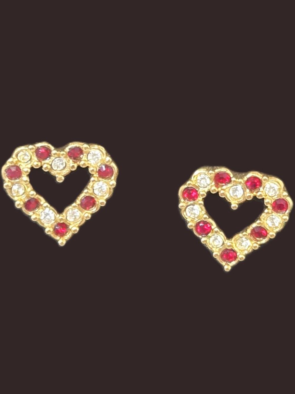 Vintage AVON Gold Tone Heart Shaped Earrings w/Simulated Diamonds & Red Rubies